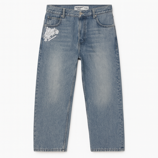 JEAN BAGGY « FLORAL EMBROIDERED GREEN»